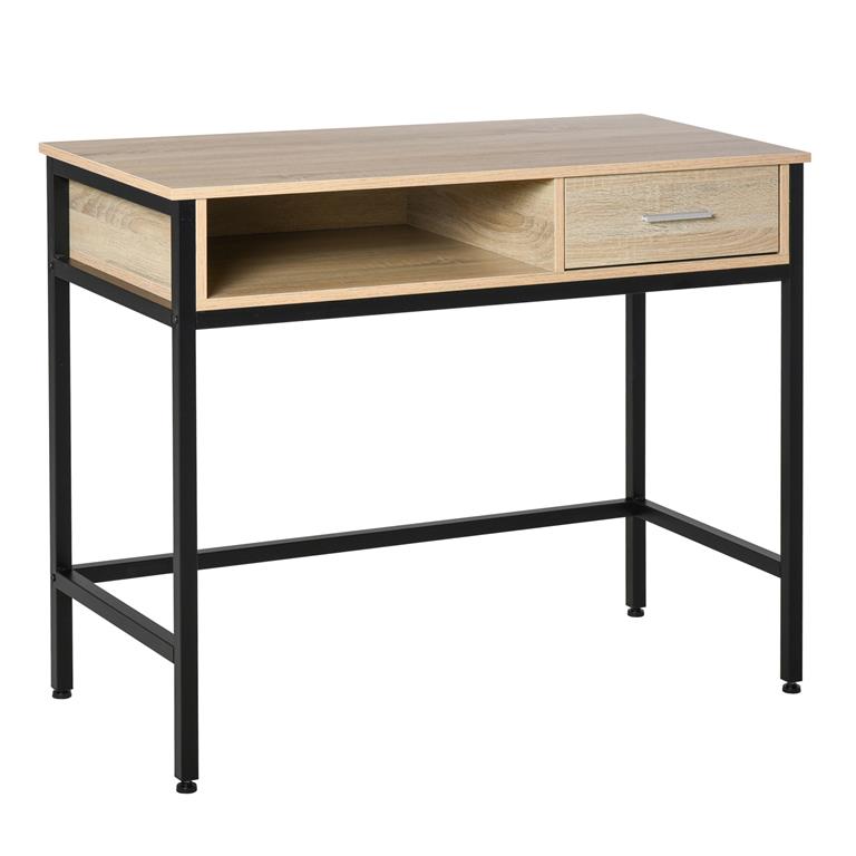 Bureau style industriel casier tiroir métal noir aspect chêne clair