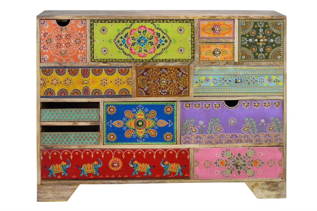 Commode en bois de manguier avec détails multicolores peints à la main