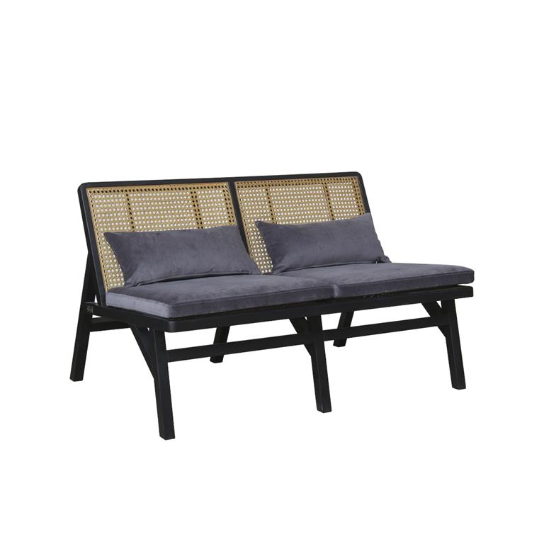 Banquette chêne laqué noir cannage et velours 2 places gris loup
