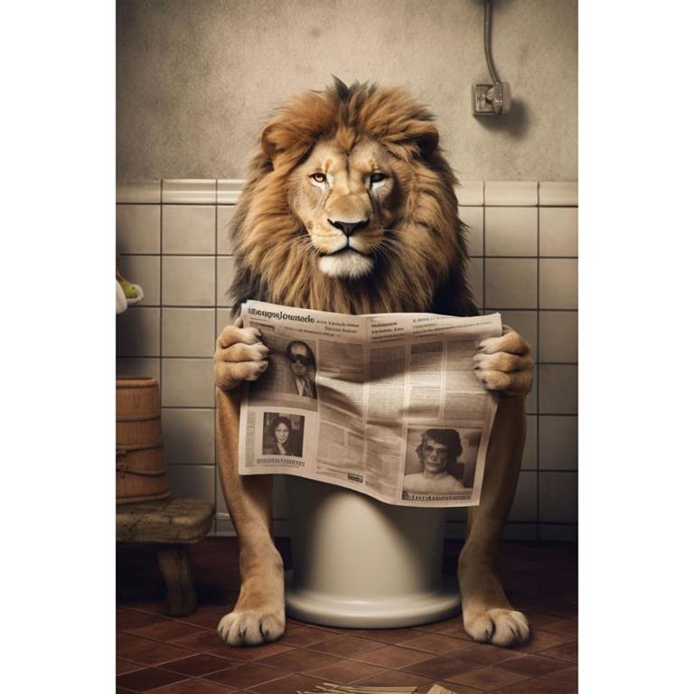 Tableau sur toile Lion sur les toilettes avec journal 30x45