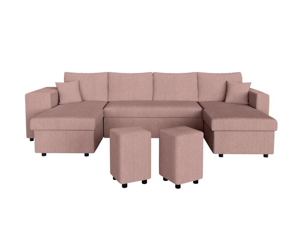 Canapé panoramique avec 2 poufs gauche en velours côtelé - Rose