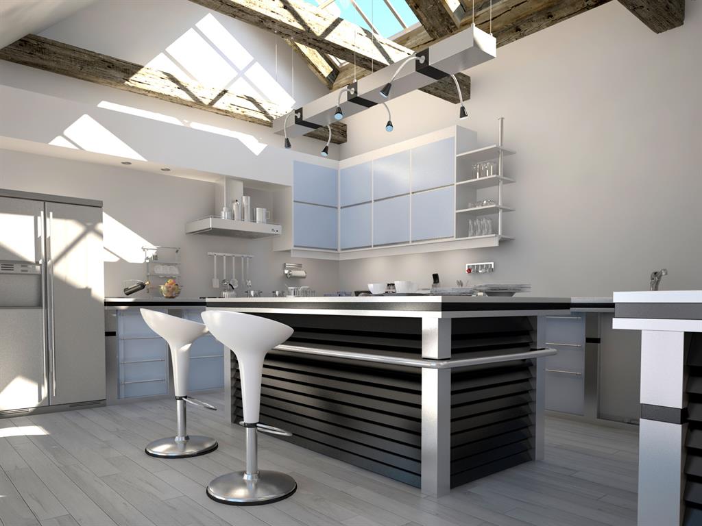 Cuisine contemporaine lumineuse sous la verrière