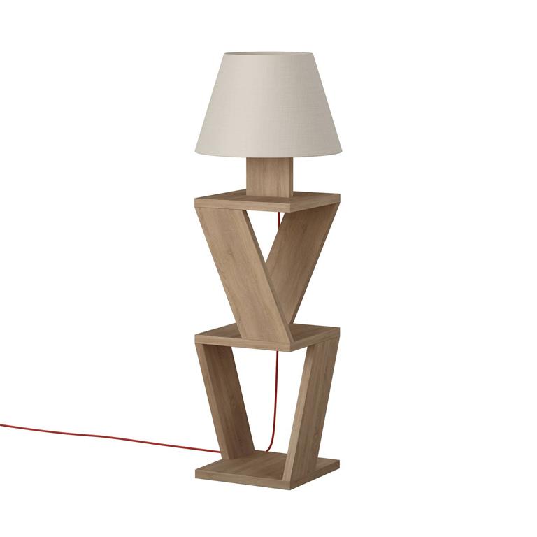 Lampadaire combiné 2 étagère en z 85cm tissu blanc et bois chêne