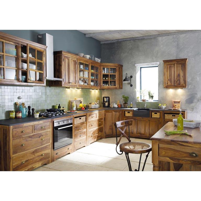Meuble bas d'angle de cuisine en bois de sheesham massif L 146