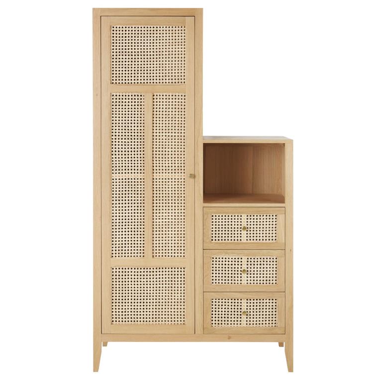 Armoire asymétrique 1 porte 3 tiroirs cannage en rotin beige