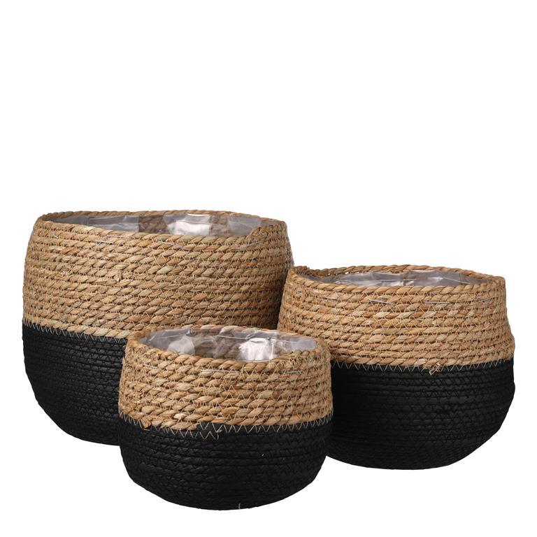3 cache-pots en jonc de mer noir et marron H24