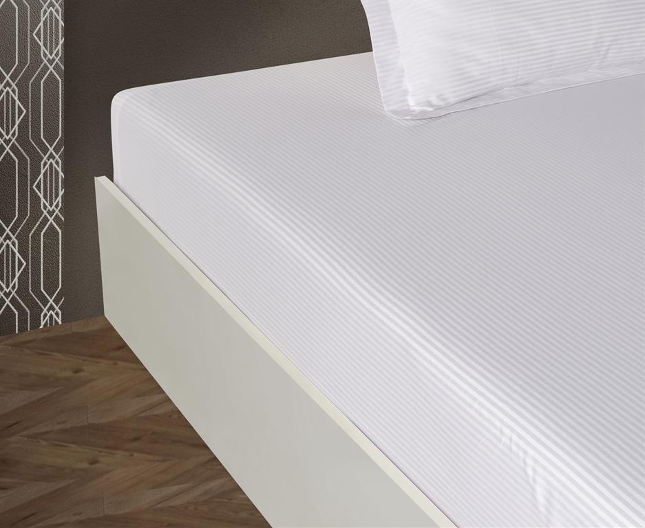 Drap plat 2 personnes  270x300 cm satin de coton rayé blanc