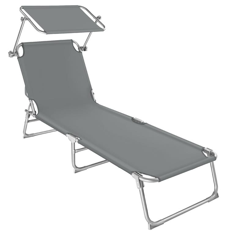 Transat pliable en acier dossier réglable sur 4 positions anti UV gris