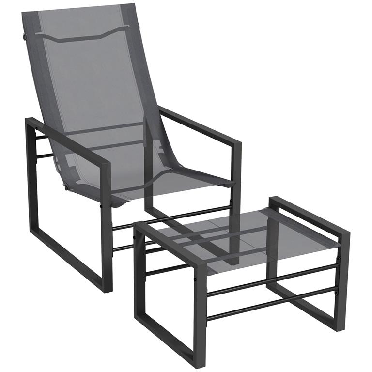 Fauteuil relax de jardin avec repose-pied métal noir teslin gris