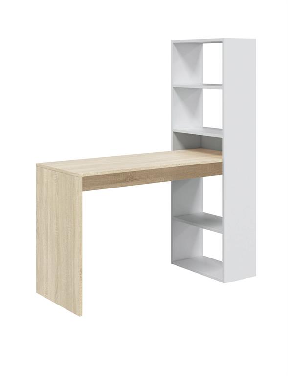 BUREAU - Bureau rèversible avecBIBLIOTHÈQUE 5 ètagères, table d'ètude ou de bureau pour porte-livre PC, 120x53h144 cm, Blanc et Chène.  STRUCTURE ET UTILISATION - Bureau linèaire en blanc mat ...