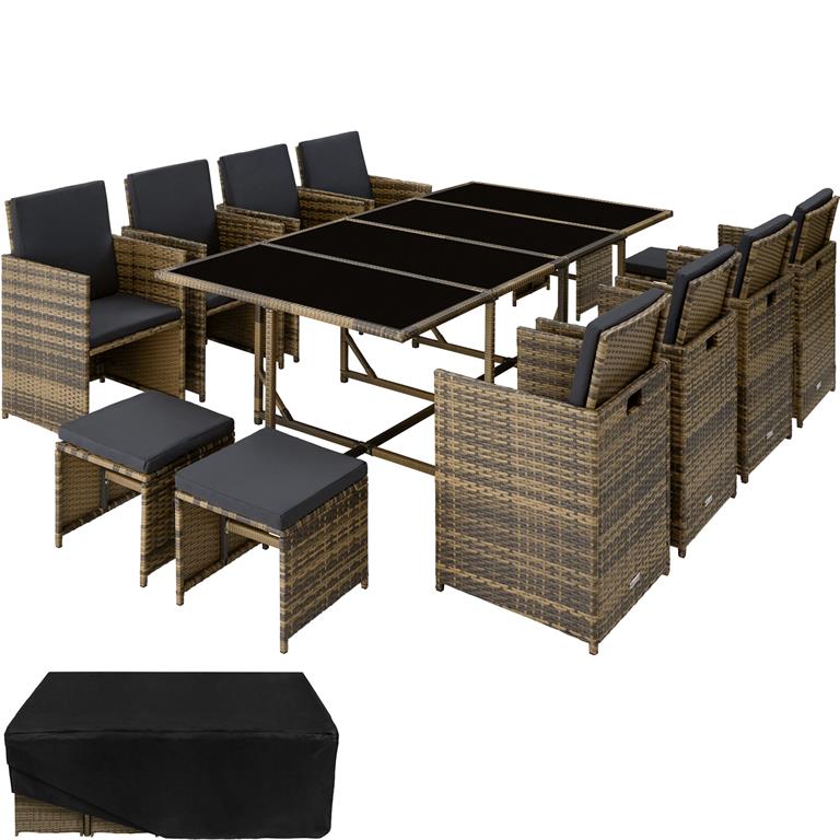 Salon de jardin résistant aux UV avec housse marron naturel/gris foncé