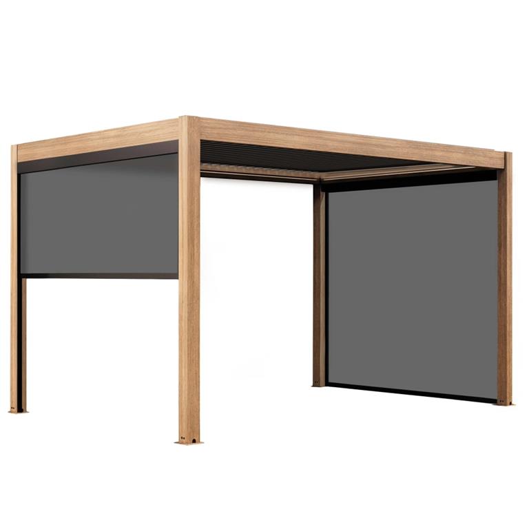 Pergola bioclimatique autoportée motorisée éclairée 3x4m et 3 stores