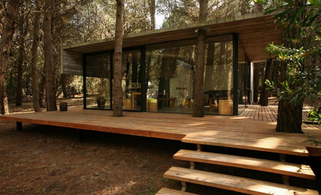 Une petite maison en bois à l'architecture vitrée au milieu des arbres
