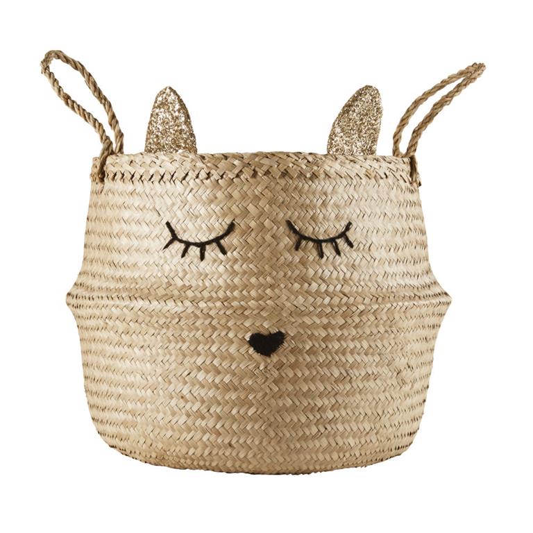 Panier chat en fibre végétale tressée et laine noire