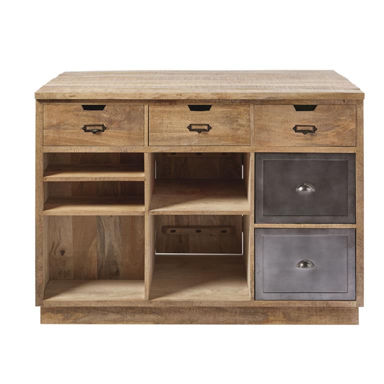 Îlot central cuisine en manguier massif et métal gris