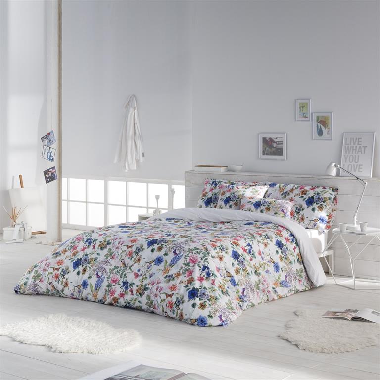 Housse de couette imprimé floral en percale Coton Bleu 220x220 cm
