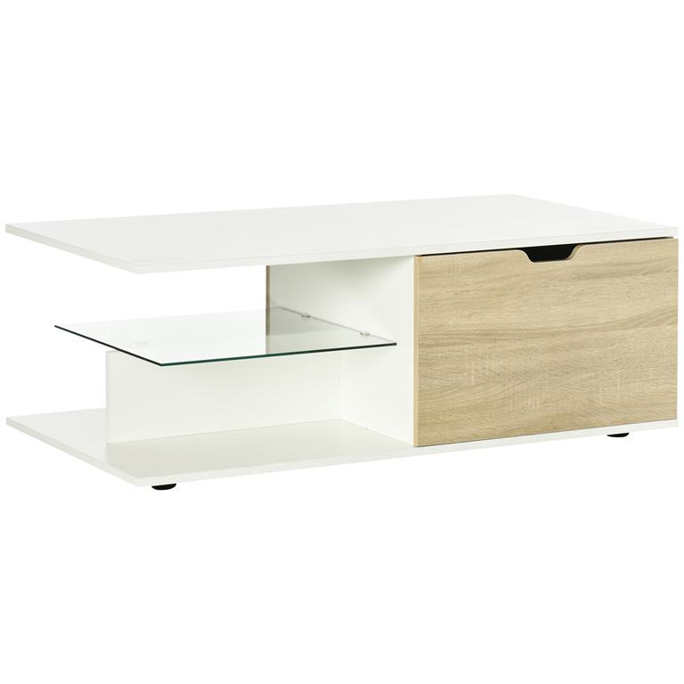 Table basse 2 tiroirs 2 niches étagère verre blanc aspect chêne clair