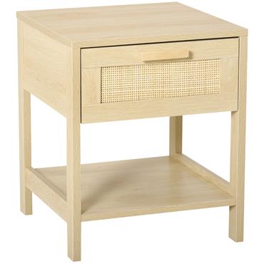 Table de chevet avec tiroir et étagère rotin bois naturel clair