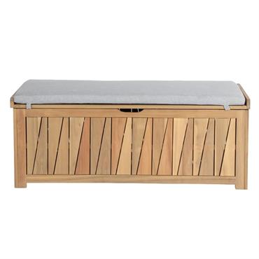 Banc coffre   bois d'acacia  coussin gris clair 140x60x54 cm