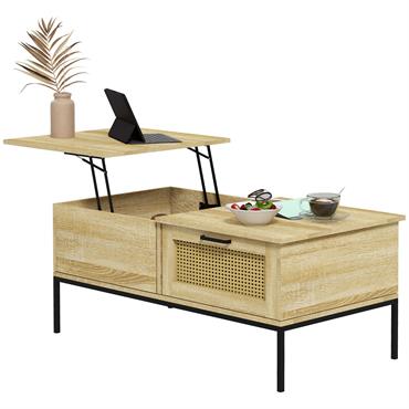 Table basse relevable style bohème chic - aspect cannage bois clair