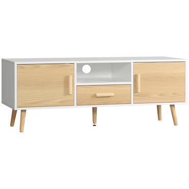 Meuble TV bas sur pied style scandinave MDF blanc aspect bois clair
