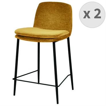Chaise de bar tissu chenillé Moutarde et métal noir mat 