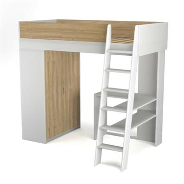 Lit mezzanine combiné effet bois blanc et bois 90x190 cm