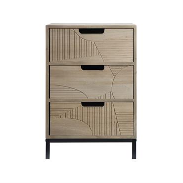 Table de chevet sculpté  avec 3 tiroirs en bois et métal marron