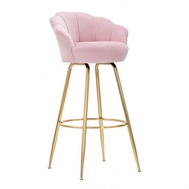 Tabouret de bar en velours rose avec pieds dorés avec un design particulier qui rappelle les pétales d'une fleur.  L'élégance du velours et du métal doré s'unissent pour créer ...