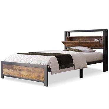 Lit simple industriel avec tête de lit rangement bois noyer 90x200cm