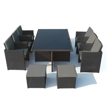 Table et chaises 10 places encastrables en résine noir/gris