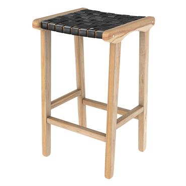 Tabouret pour îlot central 68 cm en teck et cuir tressé noir