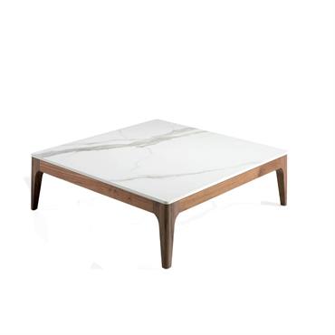 Table basse effet bois noyer et verre marbreet