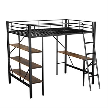 Lit mezzanine métallique noir avec bureau et étagères 90x200 cm
