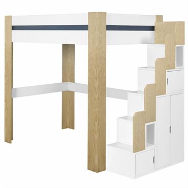 Pack lit mezzanine avec matelas bois massif blanc et bois 140x190 cm