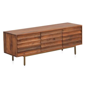 Ce meuble TV est fabriqué en bois de manguier massif de couleur naturelle, avec un design épuré et moderne. Il possède trois portes avec des vagues sculptées sur la façade, ...