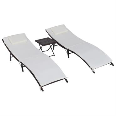 Lot de 2 bains de soleil pliables matelas table basse résine chocolat