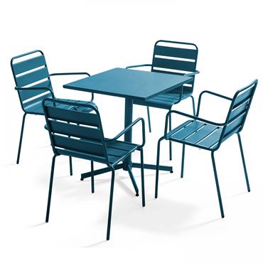 Ensemble table de jardin et 4 fauteuils en métal bleu pacific