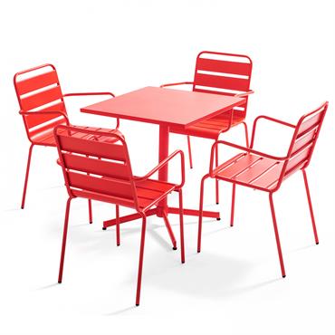 Ensemble table de jardin et 4 fauteuils en métal rouge