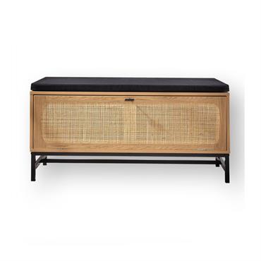 Banc avec rangement chaussures effet bois et façade en rotin L100 cm