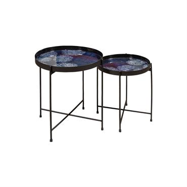 Set de 2 tables d'appoint avec plateau émaillé bleu