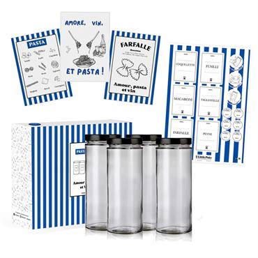Boite de 4 bocaux en verre 1L avec étiquettes et affiches Pasta Lovers
