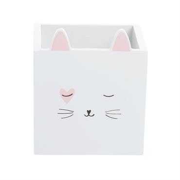 Pot à crayons chat en bois de sapin blanc et rose