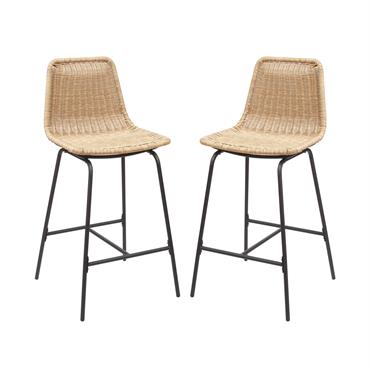 Lot de 2 tabourets d'ilot 65 cm en métal et rotin synthétique