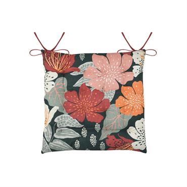 Galette de chaise aux fleurs automnales coton bordeaux 38 x 38