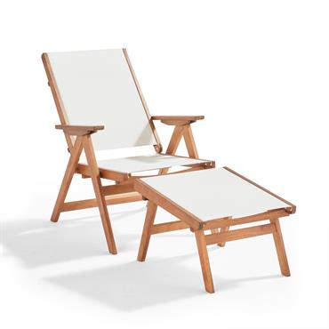 Fauteuil relax en bois d'eucalyptus avec repose-pieds blanc