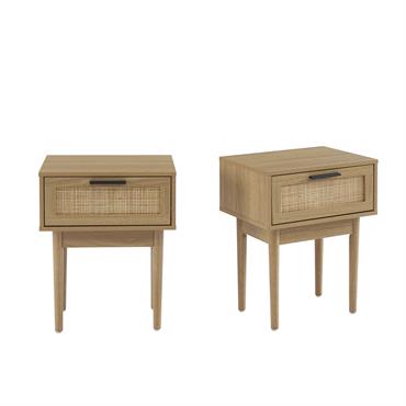 Lot de 2 chevets  effet chêne et cannage rotin 40cm