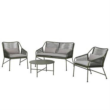 Salon de jardin 4 places en acier kaki coussins gris clair