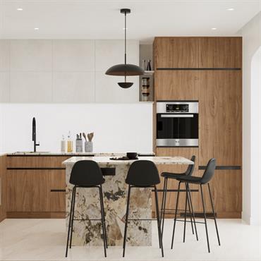 Une cuisine conçue pour l'efficacité et l'esthétique. Explorez cet espace où chaque détail fonctionnel est soigneusement intégré dans un design épuré, offrant une expérience culinaire exceptionnelle. 