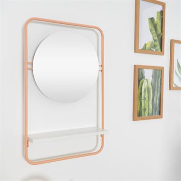 Miroir mural rond style Scandinave avec étagère rose 60x40cm